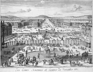 Die Ställe und Tore von Versailles vom Palast aus gesehen, 1683 von French School