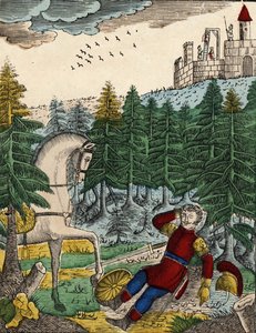 Geschichte der vier Söhne Aymon; Bayard, der das Geräusch der Soldaten hörte, die Ripas bei sich hatte, um Richard zu hängen, weckt Regnault, indem er auf seinen Schild schlägt (Bild des 19. Jahrhunderts) von French School