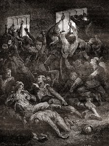 Das Leiden und der Tod aufgrund schlechter Belüftung englischer Gefangener im Schwarzen Loch von Kalkutta, einem kleinen Kerker im alten Fort William in Kalkutta, Indien, wo Truppen des Nawab von Bengalen, Siraj ud-Daulah, britische Kriegsgefangene nach de von French School