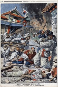 Die Unruhen in Korea, die japanische Wache kämpft mit den Aufständischen in Seoul, unzufrieden mit der Abdankung von Yi-Yeung - „Le Petit Journal“ vom 4. August