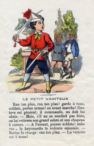 Der eitle Kleine. Kind mag es im Allgemeinen nicht und gibt seinen Kameraden Befehle. Kleines Jungenalphabet. Abecedarium mit moralischem Wert, das Leseübungen enthält. Epinal-Bild, Ende des 19. Jahrhunderts von French School