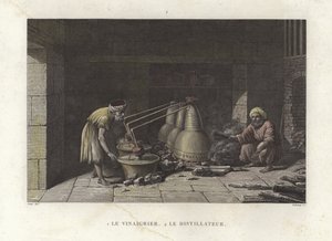 Der Essigmacher, der seine Brennblasen bedient von French School