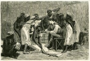 Der Besuch der Königinnen, die sechzehn Ehefrauen von König Sepopo, in Dr. Holubs Kiste. Gravur von D. Maillard, zur Illustration der Geschichte „Im Land der Marutses“, in den Jahren 1875-1879, von Dr. Emile Holub (1847-1902). Veröffentlicht in Le tour du  von French School