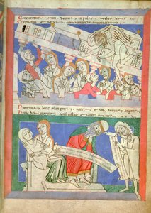 Der Wind, personifiziert durch Satan, bringt das Haus von Hiob über seinen Kindern zum Einsturz, die um den Tisch versammelt sind, und Hiobs Frau fällt in Ohnmacht, als sie die Nachricht hört, aus Moralia in Job von Papst Gregor dem Großen von French School