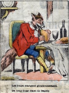 Der Wolf und der Storch. Fabeln von Jean de La Fontaine (1621-95). Epinal-Bild vom Ende des 19. Jahrhunderts von French School