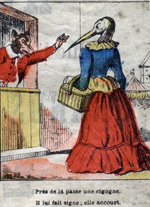 Der Wolf und der Storch. Fabeln von Jean de La Fontaine (1621-95). Epinal Imaging aus dem späten 19. Jahrhundert. von French School