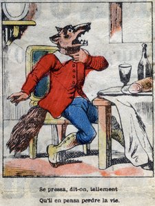 Der Wolf und der Storch. Fabeln von Jean de La Fontaine (1621-95). Epinal-Bildgebung Ende des 19. Jahrhunderts. von French School