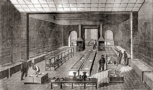 Die Werkstatt mit den chemischen Bädern in Charles Christofles Galvanisierungsanlage, Paris, Frankreich im Jahr 1867, aus Les Merveilles de la Science, veröffentlicht um 1870 (Gravur) von French School