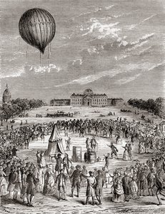 Der erste Wasserstoffballon der Welt, gestartet über dem Champs de Mars, Paris, Frankreich im Jahr 1783, aus Les Merveilles de la Science, veröffentlicht um 1870 (Stich)