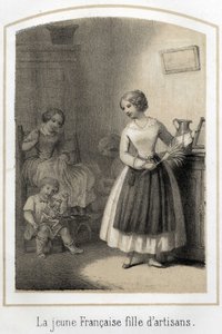 Die junge Französin bescheidener sozialer Herkunft arbeitet als Dienstmädchen in einer wohlhabenden Familie. Sie schaut neidisch auf die beschäftigten Kinder bei ihren Spielen. Anonyme Gravur des 19. Jahrhunderts. von French School