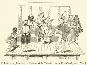 Freilufttheater von Mondor und Tabarin, auf der Pont-Neuf, um 1630 (Gravur) von French School
