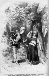 Theateraufführung: Aschenputtel und der Prinz Charming gespielt von Mme Theo und Melle Vanghel für das Stück „Cendrillon“ von Clairville (Louis François Nicolaie) von French School