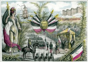 Dritte Republik: die triumphierende Republik präsidiert bei der großen Nationalfeier am 14.07.1880 auf dem Place de la Bastille. Der 14. Juli wird zum Nationalfeiertag Frankreichs und die Trikolore wird angenommen. Gravur um 1880 Privatsammlung von French School