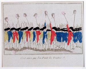 So werden Verräter bestraft, Sansculotten tragen die Köpfe der Guillotinierten, 1789 von French School