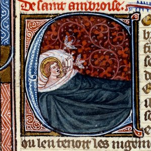 Drei Bienen kommen aus dem Mund des Heiligen Ambrosius. Miniatur in „Das Buch der Heiligen“