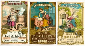 Drei Etiketten für die Marke Bleu de E. Boilley Waschpulver, 1878