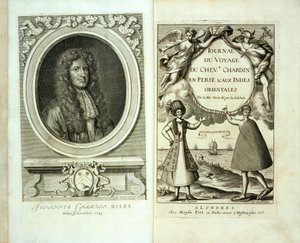 Titelseite und Frontispizporträt von Journal du Voyage de Chevalier Chardin en Perse et aux Indes Orientales von Jean Chevalier Chardin, 1686 von French School