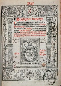 Titelseite eines Buches über Chirurgie von Jean de Vigo, 1525 (Holzschnitt)
