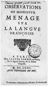 Titelseite von Observations sur la langue française von Gilles Ménage (1613-92), Ausgabe 1672, bei Claude Barbin, im Palais, auf der zweiten Treppe der Sainte Chapelle, Paris von French School