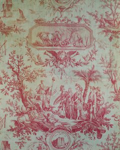 Toile de Jouy (nach Entwürfen von Jean-Baptiste Huet 1772-1793), Darstellung einer Allegorie auf Ludwig XVI. (1754-1793), König von Frankreich, Wiederhersteller der Freiheit im Februar 1790