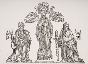 Grabdekoration, die Nicholas Flamel (ca. 1330-ca. 1418) und seine Frau Pernelle darstellt, nach Dekorationen auf dem Friedhof der Unschuldigen, Paris, aus Le Moyen Age et La Renaissance von Paul Lacroix (1806-84)