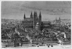 Tournai: Außenansicht von Notre-Dame und Panorama der Stadt. Gravur von Barclay zur Illustration der Geschichte „Belgien“ von Camille Lemonnier (1844-1913), belgischer Schriftsteller. Veröffentlicht in Le Tour du monde, nouveau journal des voyages, 2. Seme von French School
