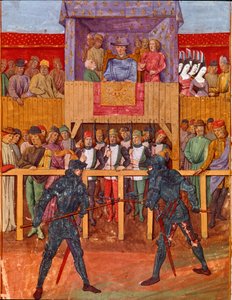 Turnierszene mit zwei Rittern in Miniaturrüstung aus „Le Jouvencel“ von Jean V de Bueil (1406-1477)