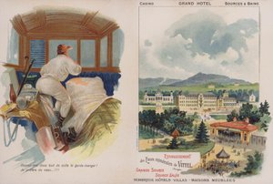 Handelskarte, die den französischen Kurort Vittel bewirbt (Chromolitho)