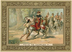 Handelskarte, die einen Angriff auf König Karl VI. von Frankreich darstellt