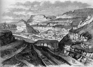 Transformationen von Paris unter dem Zweiten Kaiserreich, Paris Haussmann: Umwandlung der Gipssteinbrüche von Buttes-Chaumont (Buttes Chaumont) in einen Park. Gravur in „Le Monde Illustré“ Nr. 306 vom 21. Februar 1863 von French School