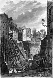 Transformationen von Paris unter dem Zweiten Kaiserreich, Haussmanns Paris: Blick auf die Rue Rollin an ihrer Kreuzung mit der Rue Monge. von French School