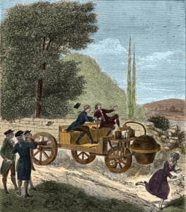 Versuch von Nicolas Joseph Cugnots dreirädriger Dampfkutsche im Arsenal von Paris von French School