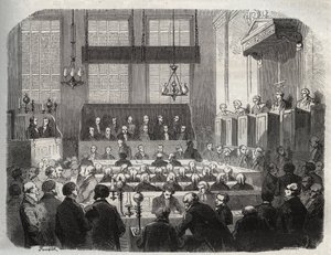 Prozess gegen William Palmer am Central Criminal Court im Mai 1856 wegen Vergiftung von John Parsons Cook in Rugeley - Gravur in „Causes celebres de tous peuples“ von Armand Fouquier von French School