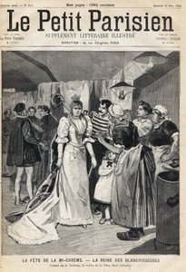 Anprobe im Atelier am Vorabend des Mi-Carême-Festes: die Königin der Bleichmittel. In der Zeitung „Le Petit Parisien“ am 12.03.1893 (Gravur)