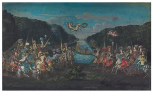 Zwei Fächerblätter: Das pompöse Karussell der galanten Amazonen aus den vier Teilen der Welt; und Prozession, die einen Tempel verlässt, begleitet von Putti, zweite Hälfte des 17. Jahrhunderts