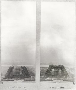 Zwei Ansichten des Baus des Eiffelturms, Paris, 12. Dezember 1887 und 15. März 1888 von French School