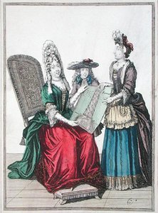 Zwei Frauen und ein Junge bewundern einen Druck des Großen Leuchtturms von Alexandria, späte 17. Jahrhundert von French School