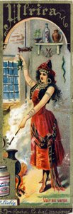 Ulrica in Giuseppe Verdis Oper „Ein Maskenball“, uraufgeführt 1859. Alphabet der Frauennamen zum Thema: weibliche Kostüme und Opern. Liebig-Werbechromolithographie
