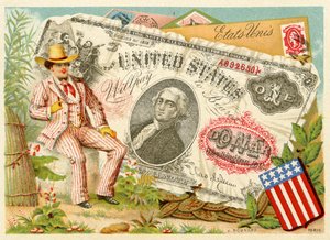 Uncle Sam sitzt neben einem Ein-Dollar-Schein, aus einer Serie von Werbekarten über Währungen in verschiedenen Ländern, veröffentlicht in Paris von Bognard für die Verwendung durch Kaufhäuser und Hersteller, 1886-9 von French School