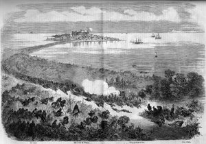 Einheit Italiens - Expedition der Tausend oder Rothemden - Schlacht von Milazzo (Sizilien), 20. Juli 1860: Blick auf die Stadt und die Festung von Milazzo von den Liparischen Inseln während der Schlacht zwischen den Tausend von Giuseppe Garibaldi und der A von French School