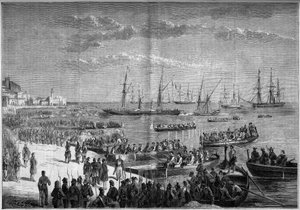 Einheit Italiens - Expedition der Tausend oder Rothemden - Evakuierung von Milazzo (Sizilien), Juli 1860: General Bosco und die neapolitanischen Truppen von Franz II. verließen die Zitadelle von Milazzo nach ihrer Niederlage gegen die Tausend von Giuseppe  von French School
