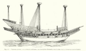 Schiff mit einer flämischen Inschrift und dem Datum 1523 auf dem unteren Deck, in der Armeria real in Madrid (Stich)