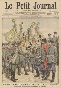 Der Veteranen-General Mikhail Dragomirov küsst die Fahne eines Regiments, das in den Russisch-Japanischen Krieg zieht von French School