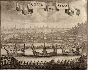 Ansicht von Ayutthaya mit königlichen Barken, aus Voyage du Siam des Peres Jesuites von Guy Tachard, 1688 von French School
