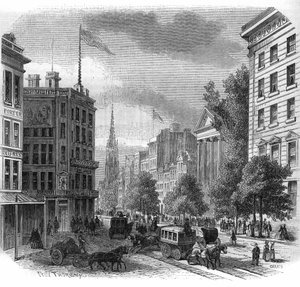 Ansicht von Broadway in New York. Gravur von 1862-1863 von French School