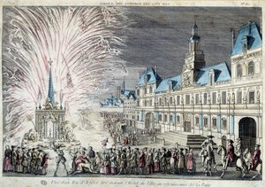 Ansicht eines Feuerwerks vor dem Rathaus zur Feier des Friedens von French School