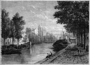 Ansicht des Canal Saint Martin in Paris vor den von Haussmann durchgeführten Umgestaltungen Mitte des 19. Jahrhunderts. Ansicht auf Höhe der Rue Saint Sebastien. Gravur in „Le Monde Illustré“ Nr. 233 vom 28. September
