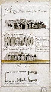 Ansicht der Roche aux Fées von der Ostseite, Ansicht der Steine von Defsu - in „Historische, topographische und natürliche Beschreibung der Bretagne“ von Robien von French School