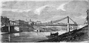 Ansicht der Sankt-Johannes-Brücke über den Tiber (Tevere) in Italien, eingeweiht 1863. Diese Stahlbrücke wurde von Alphonse Oudry (1819-1869) entworfen. Gravur in „Le Monde Illustré“ Nr. 349 vom 19. Dezember 1863.