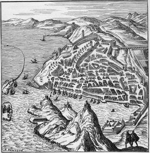 Ansicht der Stadt und des Hafens von Marseille im 16. Jahrhundert. Gravur in „La Marine et les colonies: commerce“ von French School